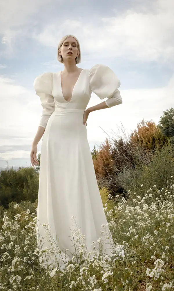 Buy lace applique white sheath v-neck wedding dress online at JJsprom.com